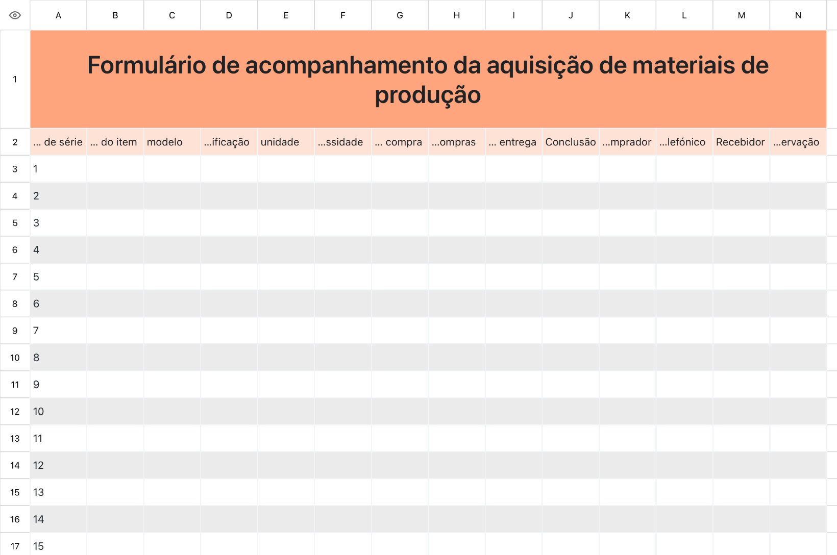 Formulário de acompanhamento da aquisição de materiais de produção